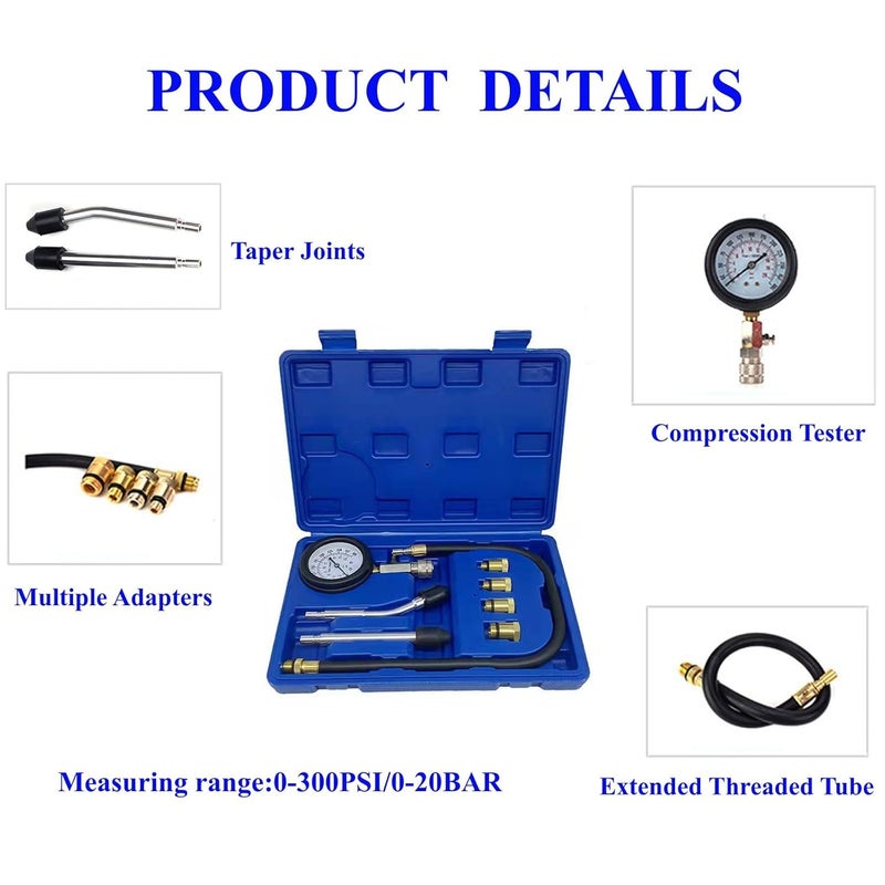 TONZACK طقم اختبار ضغط السيارات، اختبار ضغط قياسي للبنزين 0-20 بار و 0-300 psi، جهاز اختبار ضغط السيارات لاختبار ضغط المحرك قياس M10 M12 M14 M18 - Image 4